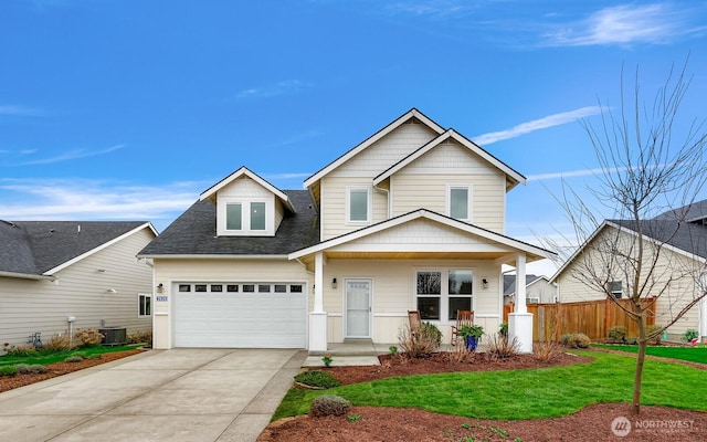 view of front of home with cooling unit, a garage, fence, driveway, and roof with shingles