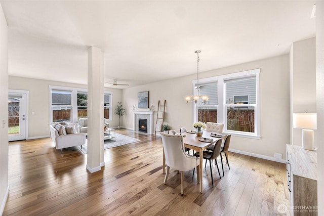 dining room featuring ceiling fan with notable chandelier, light wood-type flooring, a fireplace with flush hearth, and baseboards