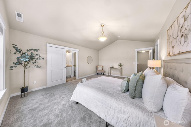 bedroom with baseboards, visible vents, vaulted ceiling, and light colored carpet