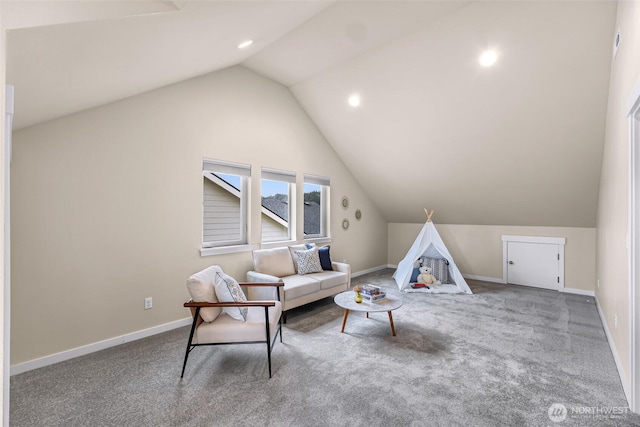 game room with vaulted ceiling, carpet flooring, and baseboards