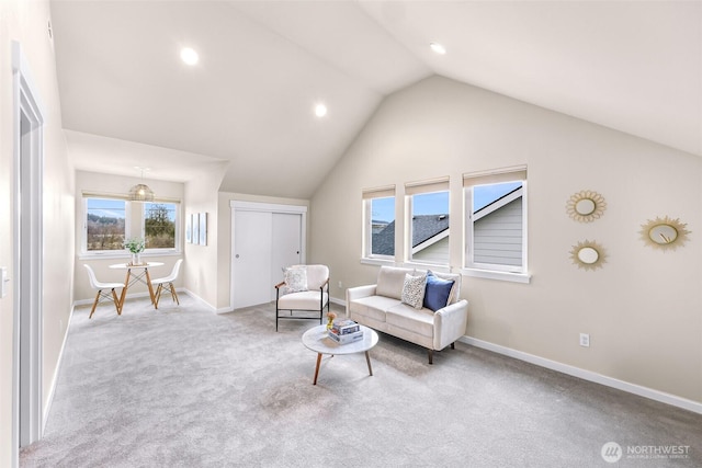 living room featuring carpet, vaulted ceiling, baseboards, and recessed lighting