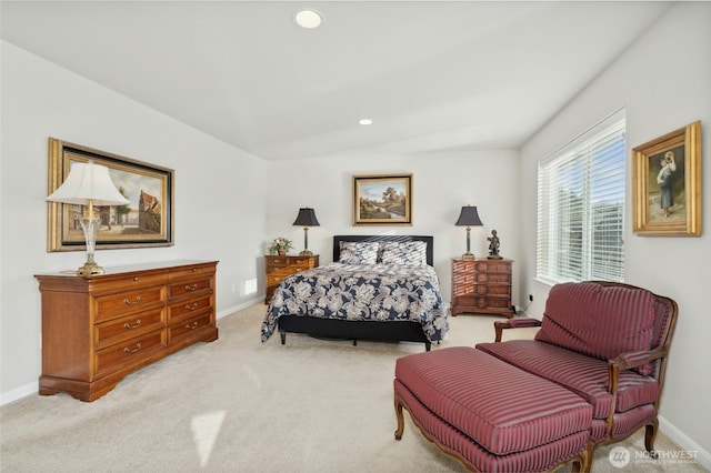 carpeted bedroom featuring baseboards, vaulted ceiling, and recessed lighting