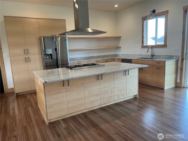 kitchen featuring a sink, ventilation hood, stainless steel fridge with ice dispenser, open shelves, and stovetop