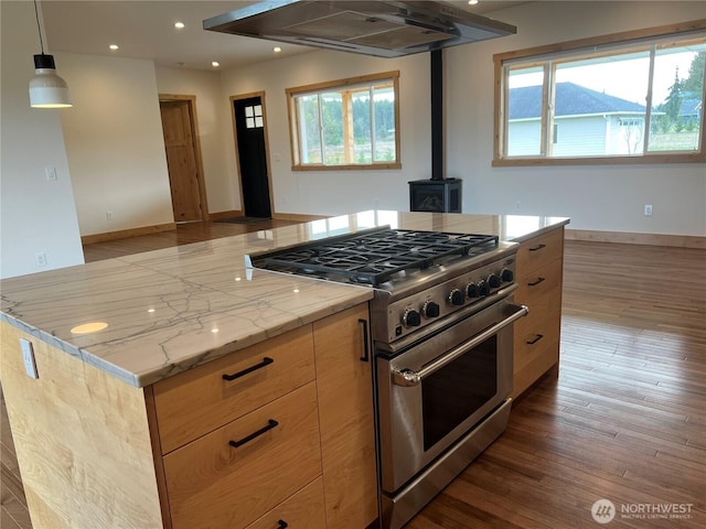 kitchen featuring wood finished floors, a wood stove, ventilation hood, high end stove, and recessed lighting