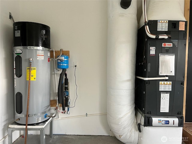 utility room featuring water heater and heating unit