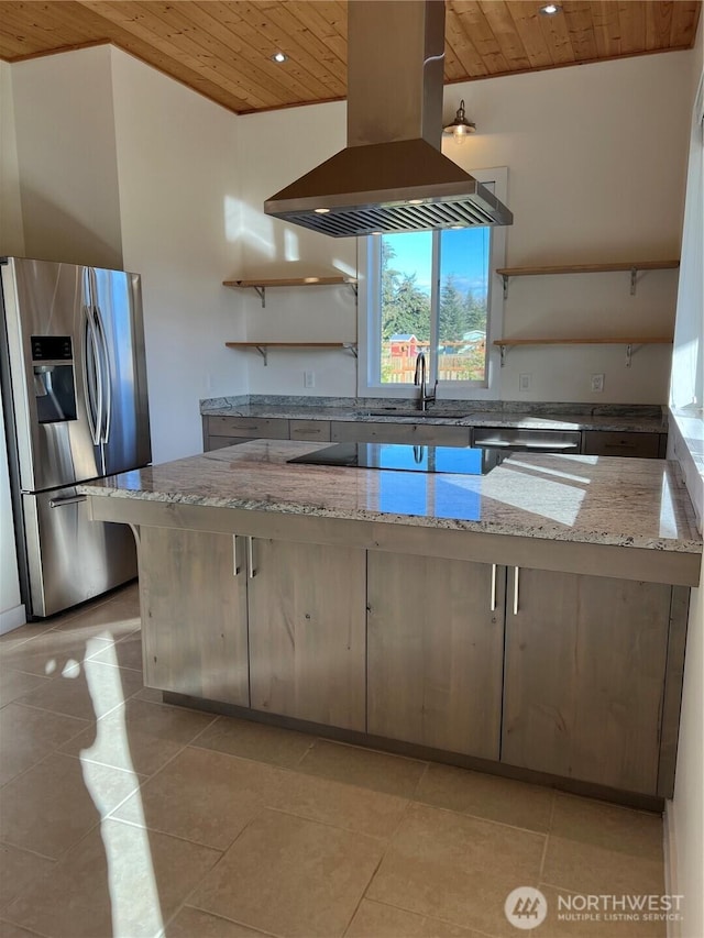 kitchen featuring island range hood, a sink, wood ceiling, stainless steel refrigerator with ice dispenser, and open shelves