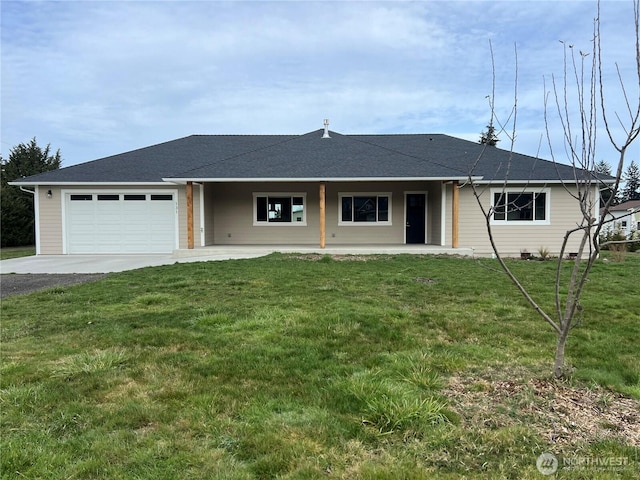 single story home featuring concrete driveway, roof with shingles, an attached garage, and a front yard