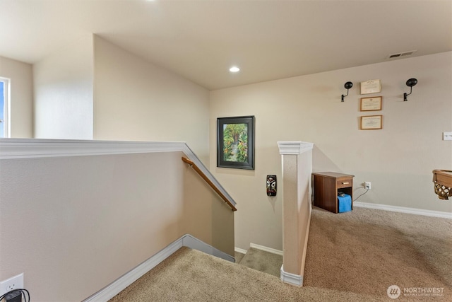 staircase with carpet, visible vents, baseboards, and recessed lighting