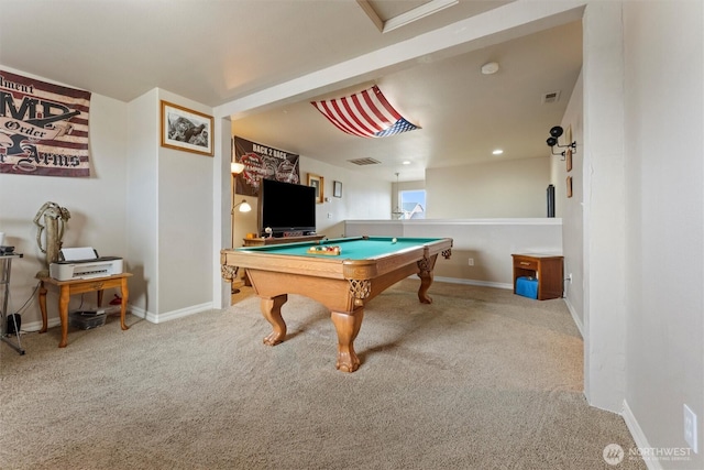 playroom with recessed lighting, billiards, visible vents, baseboards, and carpet