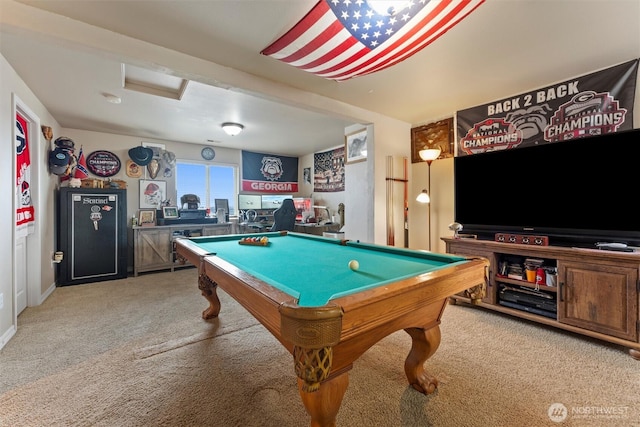 rec room with billiards and light colored carpet