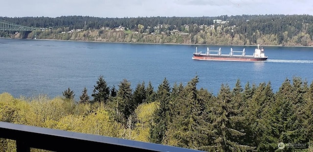 property view of water featuring a wooded view