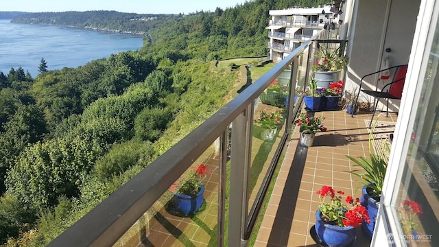 balcony featuring a water view and a forest view