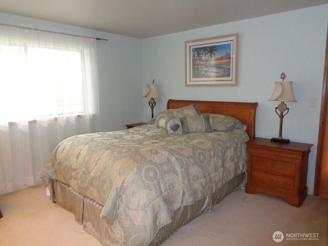 bedroom with light carpet