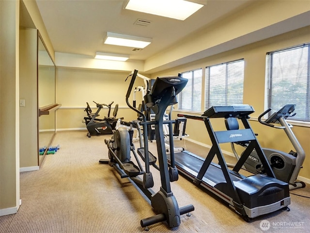 exercise room featuring baseboards and visible vents