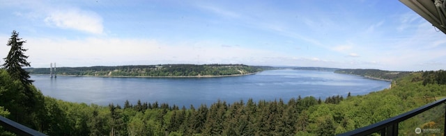 view of water feature with a forest view