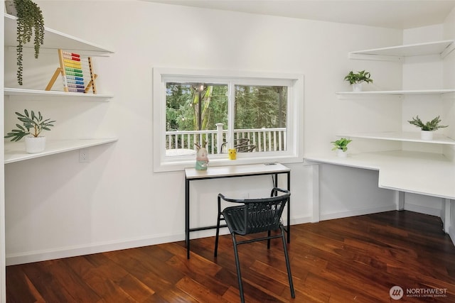 office with dark wood-style floors and baseboards