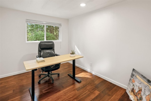 office space featuring recessed lighting, baseboards, and wood finished floors