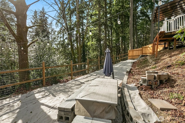 wooden terrace featuring fence