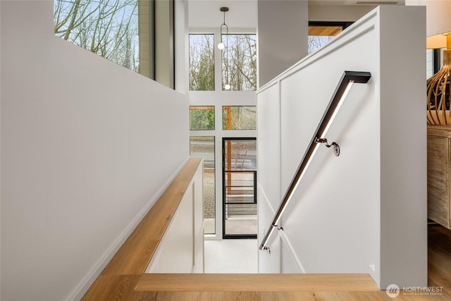 stairway with a high ceiling