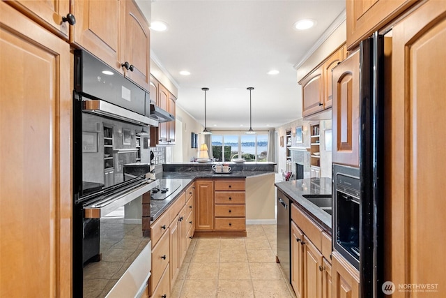 kitchen with pendant lighting, light tile patterned floors, recessed lighting, a peninsula, and black appliances