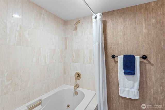 full bathroom with shower / bath combo with shower curtain