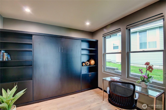office area featuring recessed lighting and light wood finished floors