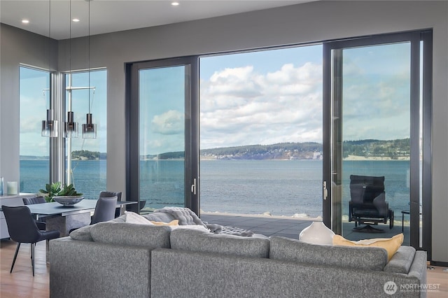 living room featuring a water view, wood finished floors, and recessed lighting