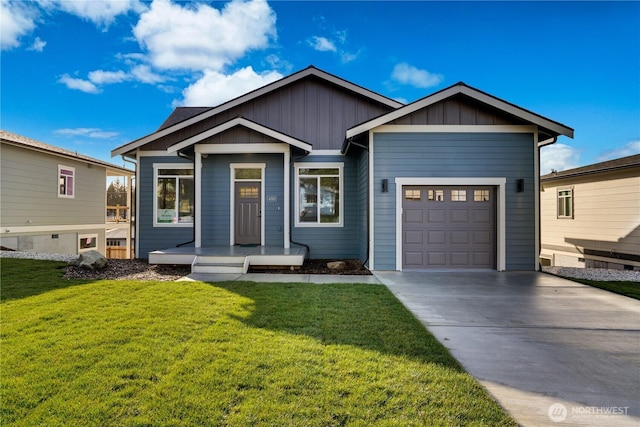 view of front facade featuring an attached garage, driveway, a front lawn, and board and batten siding