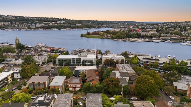 aerial view featuring a water view