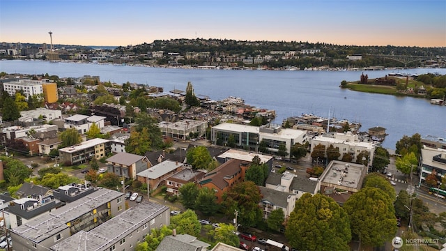 birds eye view of property with a water view