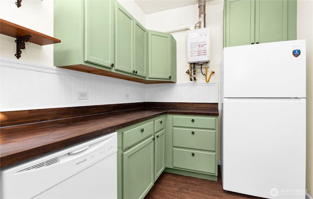 kitchen featuring tankless water heater, white appliances, butcher block countertops, open shelves, and green cabinetry