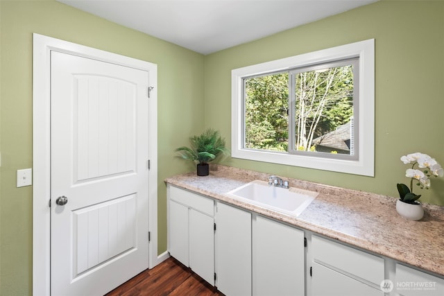 interior space with dark wood finished floors and a sink