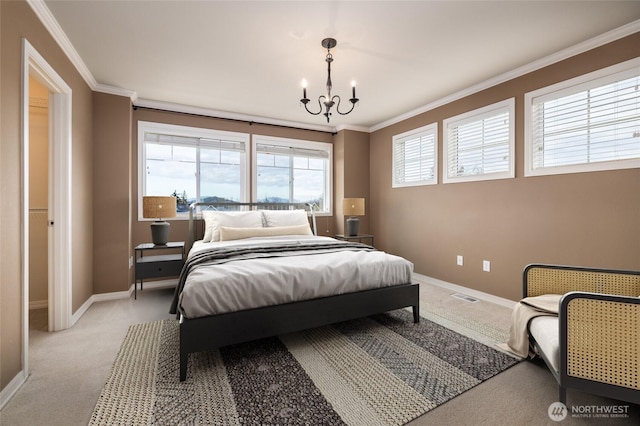 bedroom featuring a chandelier, ornamental molding, visible vents, and baseboards