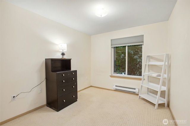 miscellaneous room with baseboards, baseboard heating, and carpet flooring