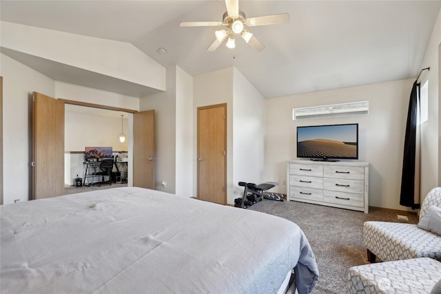 bedroom featuring vaulted ceiling, carpet, and a ceiling fan