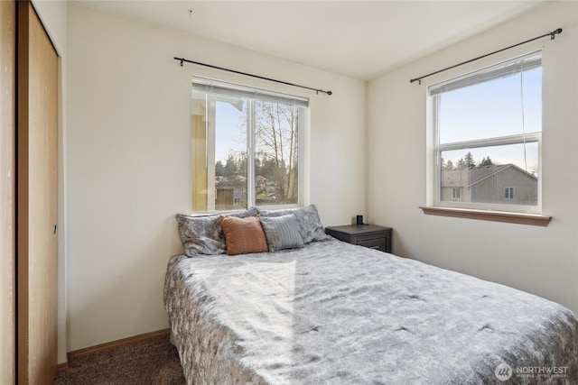 carpeted bedroom featuring multiple windows, baseboards, and a closet