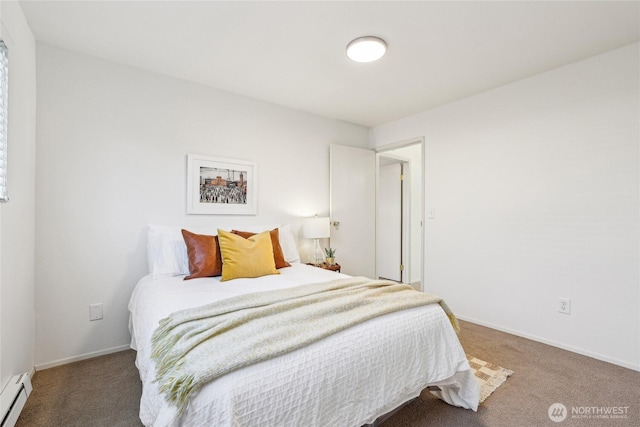 bedroom featuring carpet, a baseboard radiator, and baseboards