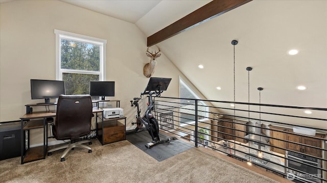 carpeted office with recessed lighting and vaulted ceiling with beams