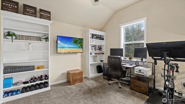 office space featuring lofted ceiling, carpet floors, and baseboards