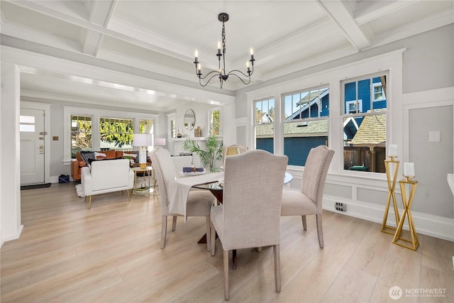 dining room featuring a decorative wall, light wood-style flooring, an inviting chandelier, coffered ceiling, and beamed ceiling