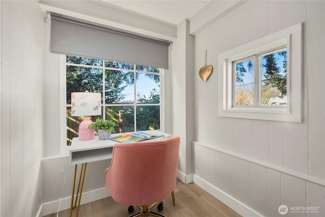 office area featuring wood finished floors and baseboards