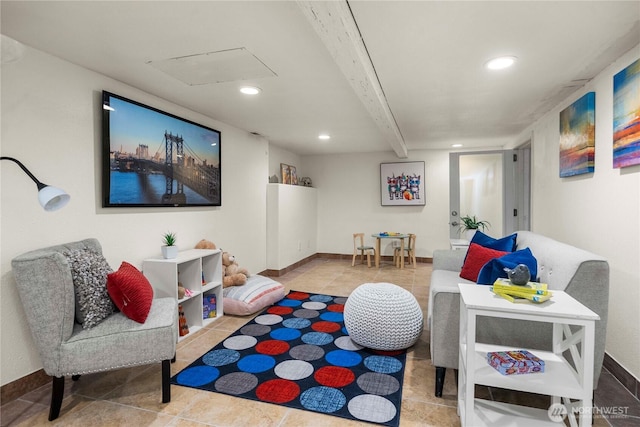 rec room featuring recessed lighting, tile patterned flooring, and baseboards