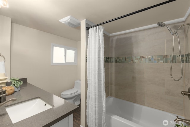 full bath featuring shower / bathtub combination with curtain, toilet, and vanity