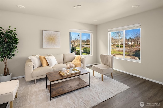 living area featuring wood finished floors and baseboards