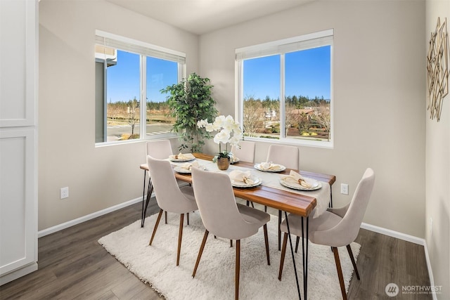 dining space with baseboards and wood finished floors