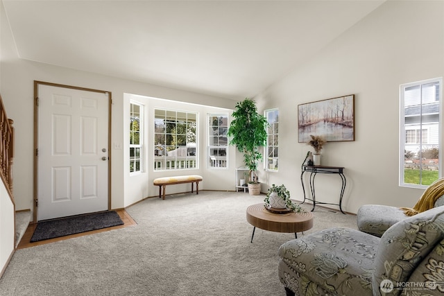 living area featuring vaulted ceiling and carpet