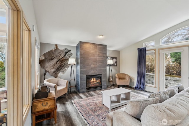 living area featuring a tiled fireplace, vaulted ceiling, and wood finished floors