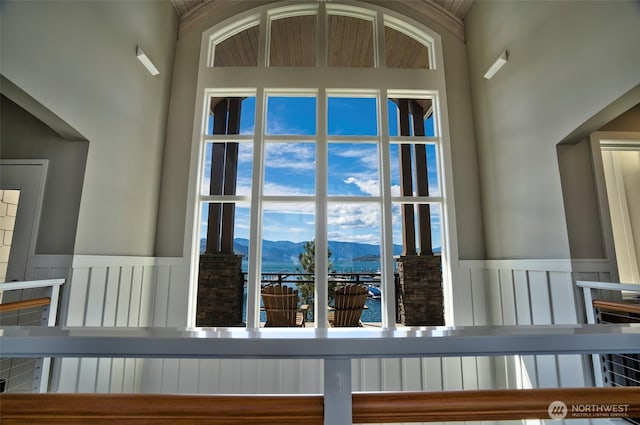 details with a mountain view and stucco siding