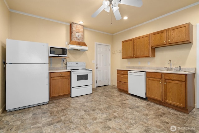 kitchen with white appliances, brown cabinetry, light countertops, crown molding, and a sink