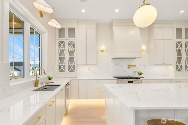 kitchen with custom range hood, a sink, tasteful backsplash, white cabinetry, and dishwasher